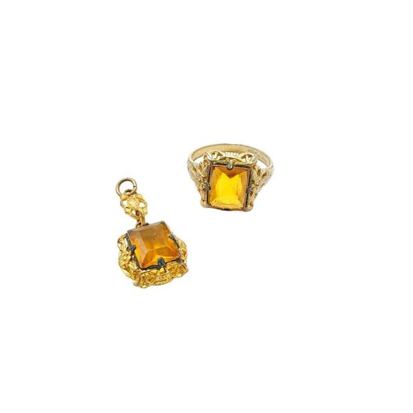 UNCAS Citrine Colored Rhinestone Filigree Ring Pendant Set Gold Tone Vintage - Picture 2 of 7